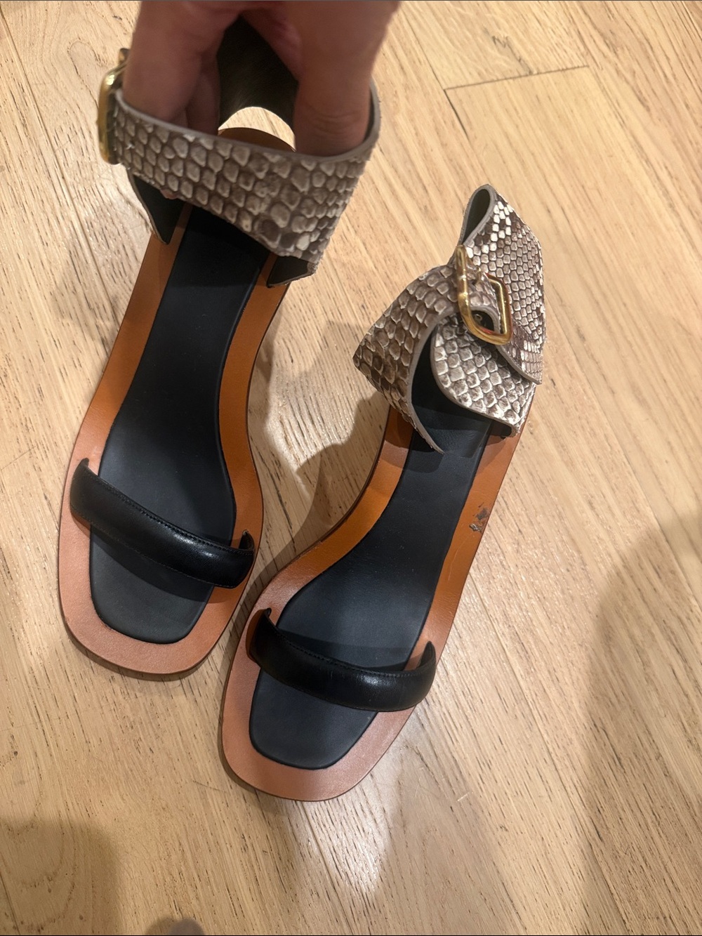 Celine Black & Taupe Snake-Embossed Ankle-Strap Sandals